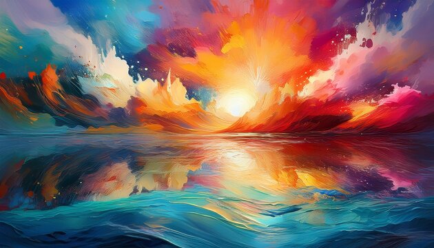 Abstract Colorful Explosion Of Paint Strokes Like Sunrise Over Water