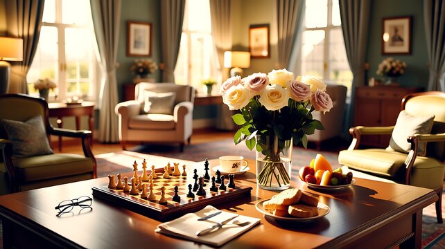 Chessboard, flower vase, and snacks resting on table in empty retirement home common room. Video for promoting senior care, assisted living, and elderly recreation programs