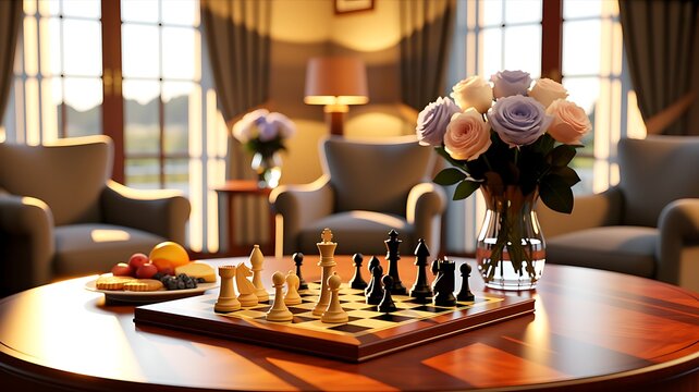 Chessboard, flower vase, and snacks resting on table in empty retirement home common room. Video for promoting senior care, assisted living, and elderly recreation programs