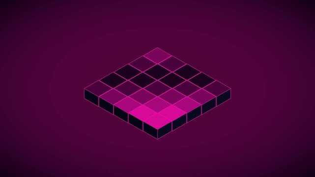 Abstract isometric grid animation with pulsing neon pink cubes on dark 4k background