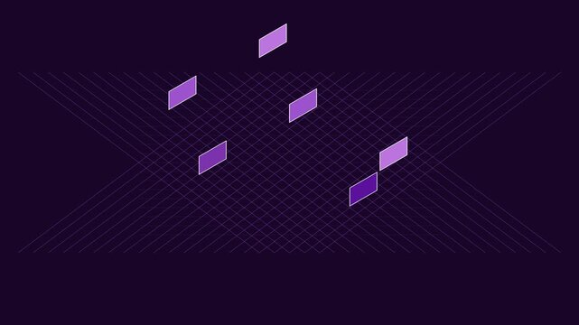 Abstract purple digital grid motion 4k background, with floating geometric, rectangles and data, flow animation