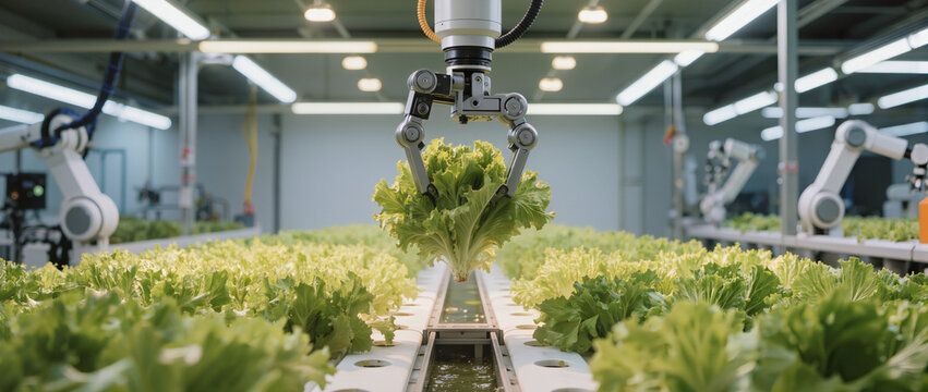 Robotic arm harvests fresh lettuce inside modern greenhouse using automation, artificial intelligence, and precision farming technology.