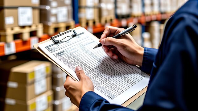 Man, hands and writing with clipboard for logistics, inventory management and plan for distribution. Person, checklist notes and paperwork in workplace for supply chain, dispatch and shipping info.