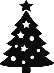 Obraz premium Black silhouette Christmas tree with white stars and balls isolated on transparent background