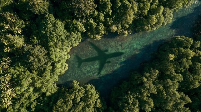 Aerial view of dense green forest with plane shadow over river during daylight