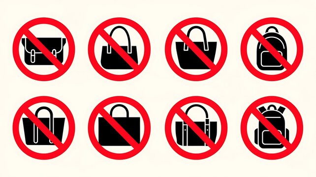 No bags allowed icons with prohibition symbols messenger handbag tote backpack restriction vector illustration artwork 