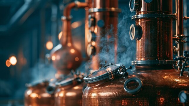 Copper Distillation Equipment Producing Steam in Vintage Industrial Setting