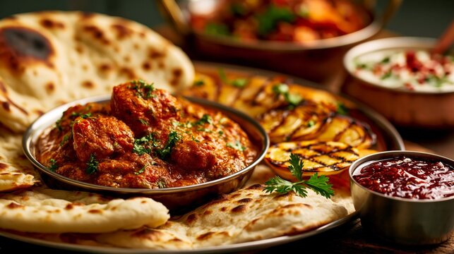 Delicious Indian Curry Dish with Naan Bread and Traditional Sides on Rustic Table