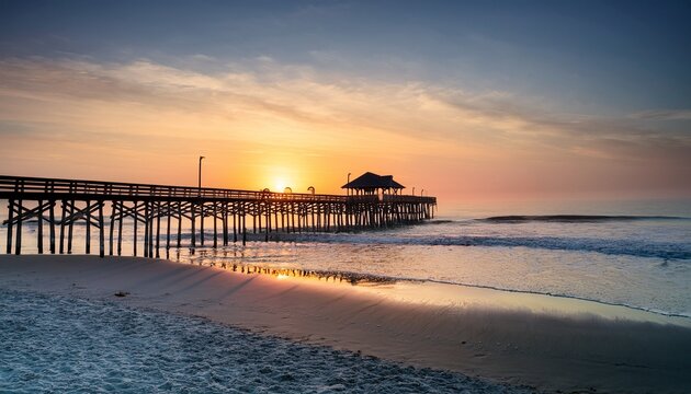 Charleston Beach Sunrise At Folly Pier On Atlantic Coast