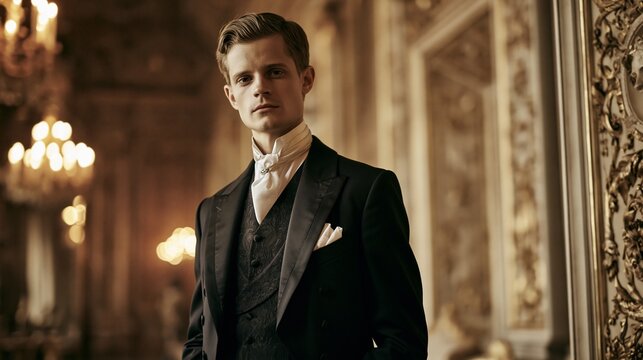 Elegant young man in formal suit standing in luxurious classic interior with chandelier