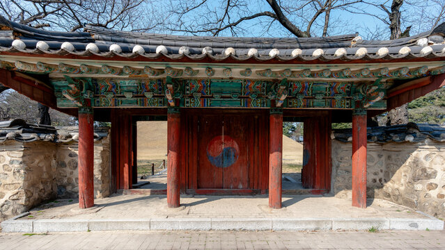 Colorful traditional gate in Tumuli Park, Gyeongju