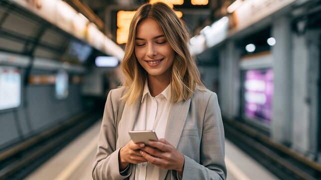 Young professional woman using smartphone smiling at subway station platform