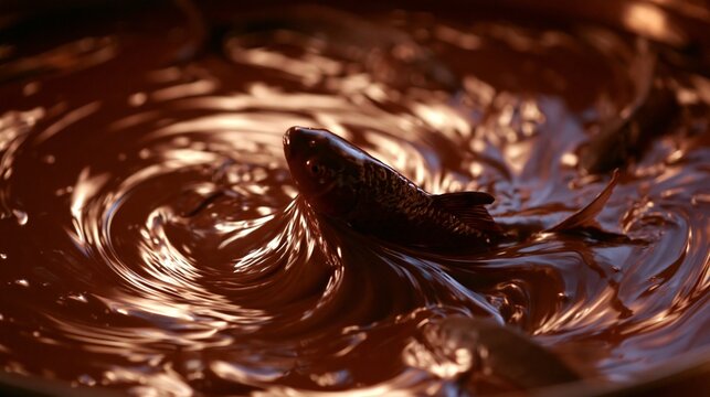 Close-up of chocolate liquid swirl with glossy ripples in dark background
