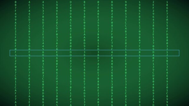 Digital data stream animation 4k background, with hexadecimal code, scrolling and highlighted, row for cybersecurity, and programming concepts