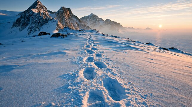 Footprints on snowy mountain trail with sunset and rugged peaks