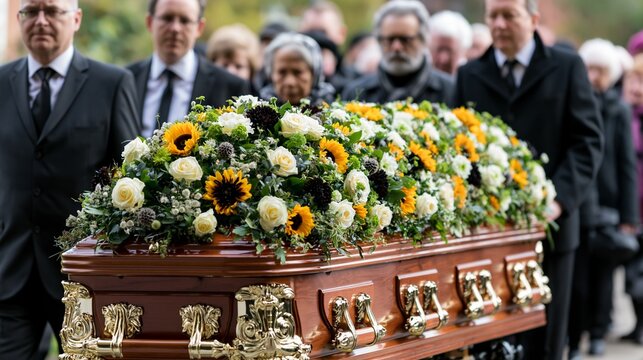 Elegant Funeral Procession with Pallbearers Carrying Floral Coffin Outdoors