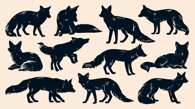 Silhouettes of Various Wild Foxes in Different Poses on White Background