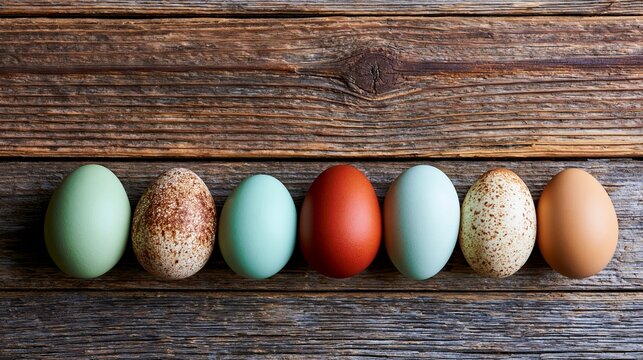 Colorful assortment of natural and dyed eggs on rustic wooden surface