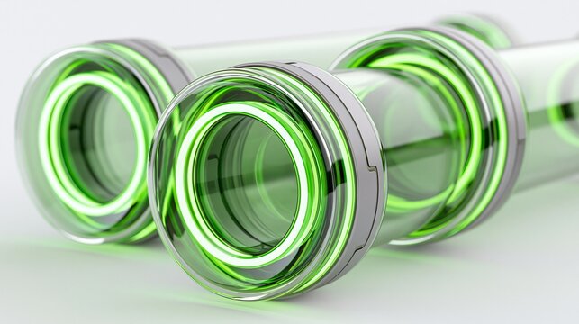 Close-up of futuristic transparent green tubes with metallic rings on white background