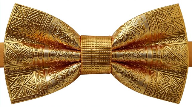 Elegant gold metallic bow tie with intricate embossed patterns