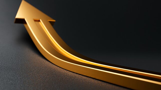 Golden upward arrow symbolizing business growth and success on dark background