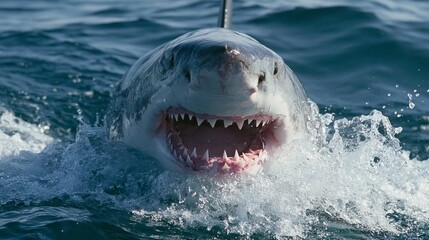 Obraz premium Powerful Great White Shark Emerging from Ocean Surface with Open Mouth