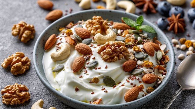 Close-up of creamy yogurt bowl topped with mixed nuts and seeds on gray surface