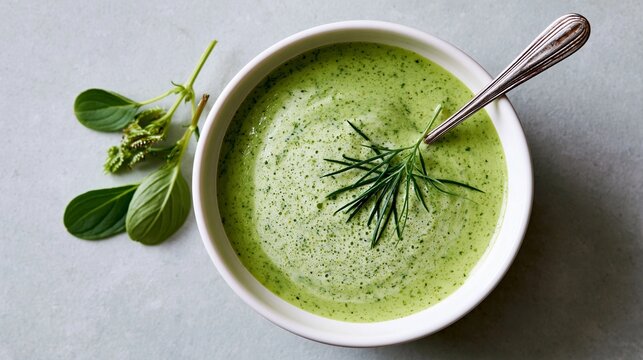 Creamy Green Herb Soup in White Bowl with Fresh Dill Garnish