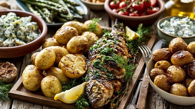 Grilled whole fish with roasted potatoes and fresh Mediterranean side dishes on wooden table