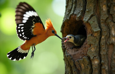 Fototapeta premium Parent hoopoe bird feeds hungry chick in tree hollow nest. Adult hoopo brings food to young bird in its nest hole. Wildlife scene of bird family caring in forest.