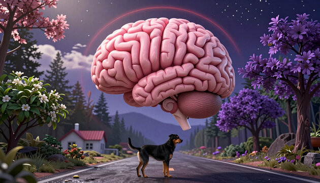 Giant Brain Floating Above Suburban Road with Dog in Surreal Night Landscape