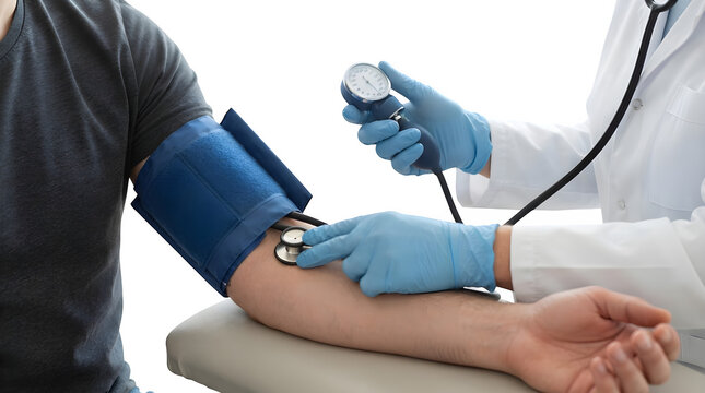 Doctor in blue gloves taking blood pressure of a patient on a transparent background