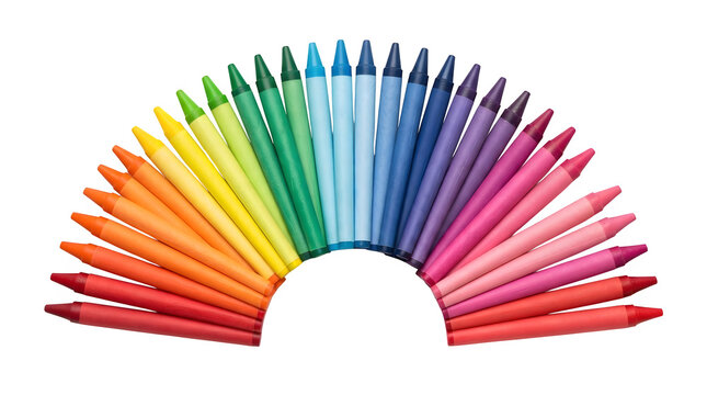 Vibrant rainbow colored markers arranged in a semi circle isolated on transparent background
