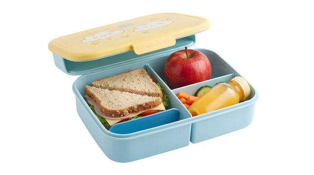 A blue and yellow lunch box with a sandwich, apple, and juice on a transparent background