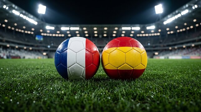 Two Soccer Balls with Flags of France and Spain on Green Grass of Stadium Pitch Before Match