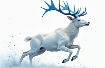 Fototapeta premium White stag with blue antlers leaps through snowy mist. Majestic cervid moves gracefully across white background. Magical creature gallops in winter wonderland, ethereal spirit animal.