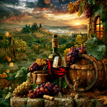 dreamy tuscany winery at sunset, rustic italian vineyard with wine, romantic tuscany wine harvest scene