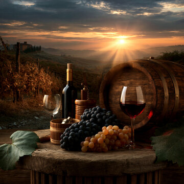 dreamy tuscany winery at sunset, rustic italian vineyard with wine, romantic tuscany wine harvest scene