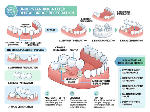 Dental bridge procedure infographic illustration isolated on white background