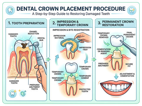 Dental crown placement procedure step-by-step illustration isolated on white background