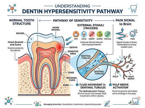 Dentin hypersensitivity tooth sensitivity pathway diagram isolated on white background
