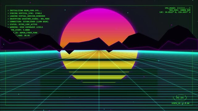 Retro Synthwave Horizon Landscape with Digital Grid and Cyber HUD Elements