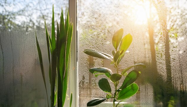 condensation on clear glass window in panoramic bathroom or shower room water drops and condensed stem on glass at summer sunny day background abstract background texture spa and relax concept