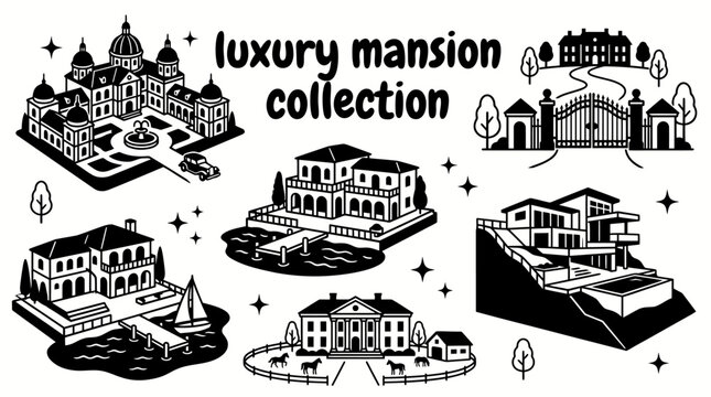 collection of elegant luxury mansions featuring grand estates palace inspired residences waterfront villas hillside homes gated properties and prestigious architectural styles arranged as a premium