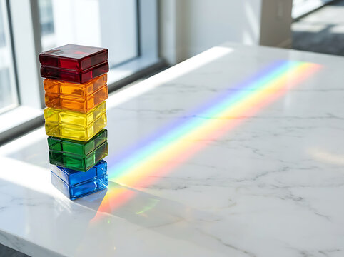 Stacked colorful glass blocks casting a vibrant rainbow light spectrum on a white marble surface