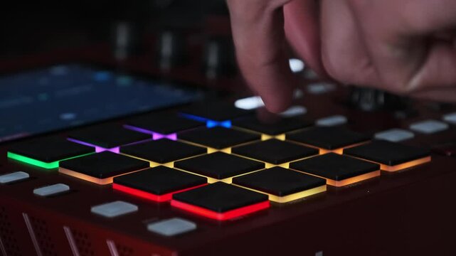 A close-up view captures fingers rhythmically tapping illuminated pads on a red drum machine controller. Concept of modern music production, electronic beats, and creative audio technology.
