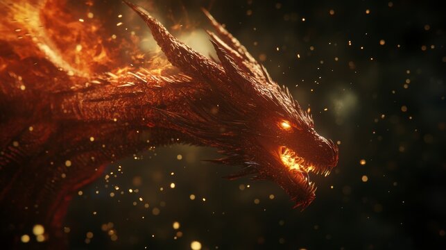 Fiery red dragon head close-up, flames, sparks, dark background.