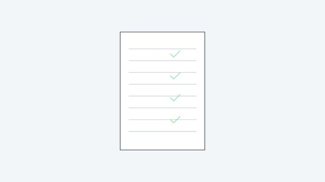 Minimalist checklist animation with green checkmarks appearing on paper document 4k task
