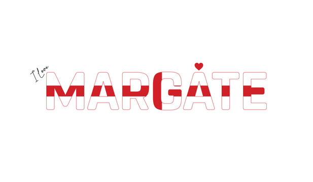 I love Margate, Typographic design of I love Margate on a white background, Flag typography of Margate with heart, Vector design of Margate City of England, I love England, Flag of England
