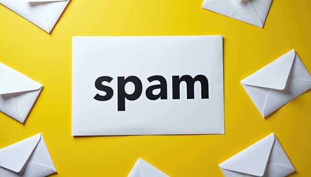 White envelopes surround a white paper with the word SPAM in bold black letters on a bright yellow background. Unwanted mail concept for digital security.